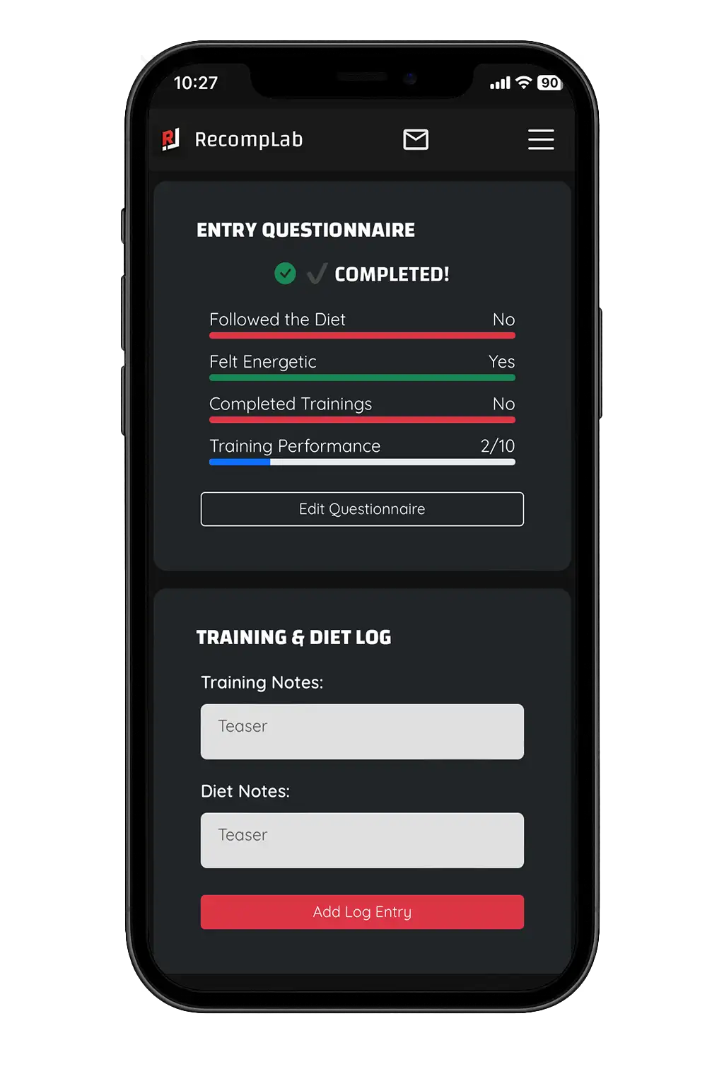 Example of progress tracking screen